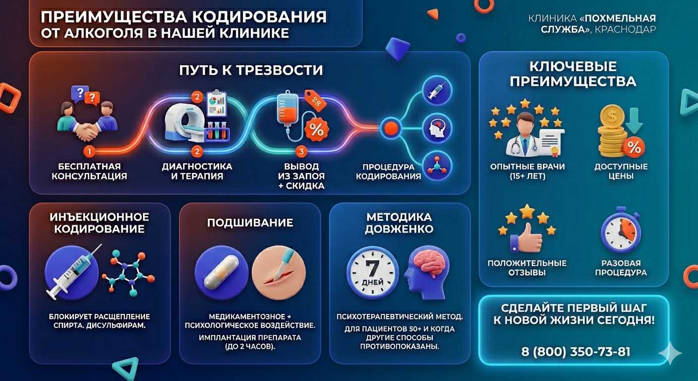 Инфографика о методах кодирования от алкоголя в Перевозе: инъекции, подшивание, метод Довженко. Преимущества клиники и этапы лечения.